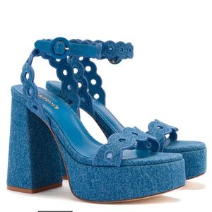 Larroude Dolly Broderie Sandal In Blue Stoned Denim